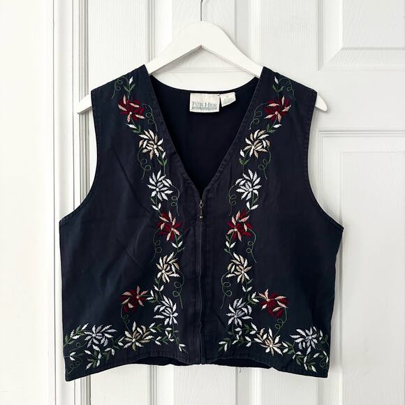 For Her Van Heusen Navy Blue Floral Embroidered Zip Cotton Cottage Vest Medium - Picture 1 of 7